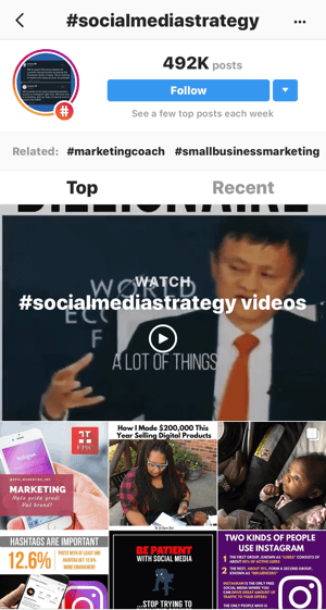 Jak strategicznie zwiększyć liczbę obserwujących na Instagramie, krok 11, znajdź odpowiednie przykładowe posty, przykładowe wyszukiwanie filmów „#socialmediastrategy”