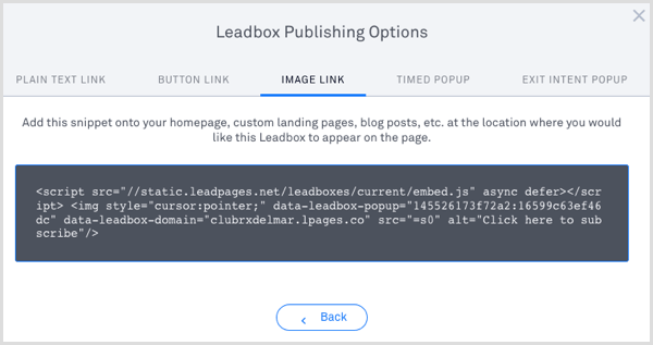 Kod publikacji LeadPages Leadbox 