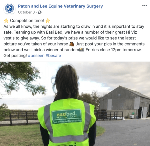 Przykład postu na Facebooku z konkursem Patona i Lee Equine Veterinary Surger.