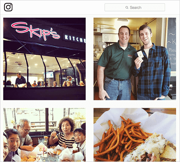 To jest zrzut ekranu zdjęć z Instagrama z tagiem #skipsdiner. Jeden pokazuje zewnętrzną stronę restauracji, jeden pokazuje mężczyznę trzymającego kartę, jakby wygrał grę Joker, jeden pokazuje rodzinę jedzącą przy stole, a drugi pokazuje jedzenie, które ktoś zamówił. Jay Baer mówi, że gra Joker jest przykładem wyzwalacza rozmowy.