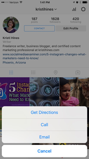opcje kontaktu profilu biznesowego na Instagramie