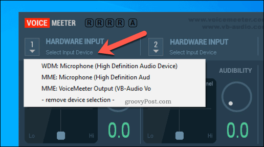 Wybieranie opcji wejścia sprzętowego VoiceMeeter