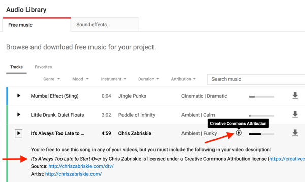 W przypadku plików muzycznych w Bibliotece audio YouTube pojawi się informacja, czy musisz podać nazwisko oryginalnego twórcy.