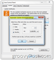 Zrzut ekranu: comiesięczna karta aktualizacji panelu sterowania Java