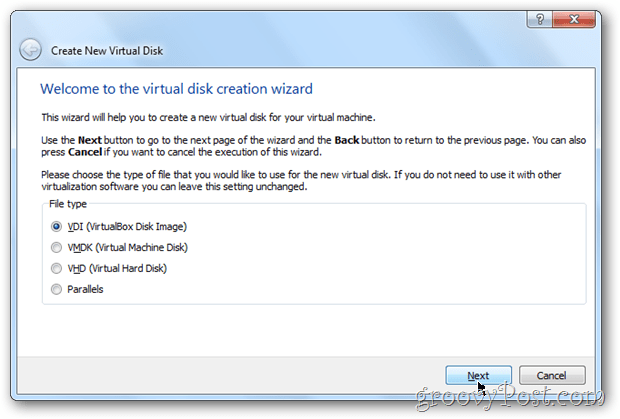 VirtualBox wybiera typ obrazu dysku wirtualnego pudełka Windows 8