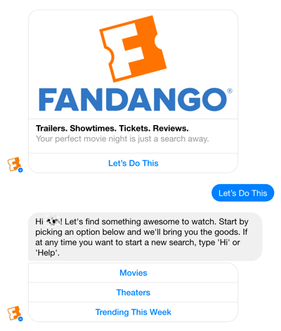 Chatbot Fandango na Facebooku Messenger pomaga użytkownikom w wyborze filmów.
