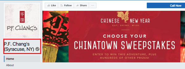 Lokalizacja PF Chang w Syracuse w stanie Nowy Jork ma szarą plakietkę, która oznacza, że ​​jest to zweryfikowana strona na Facebooku.