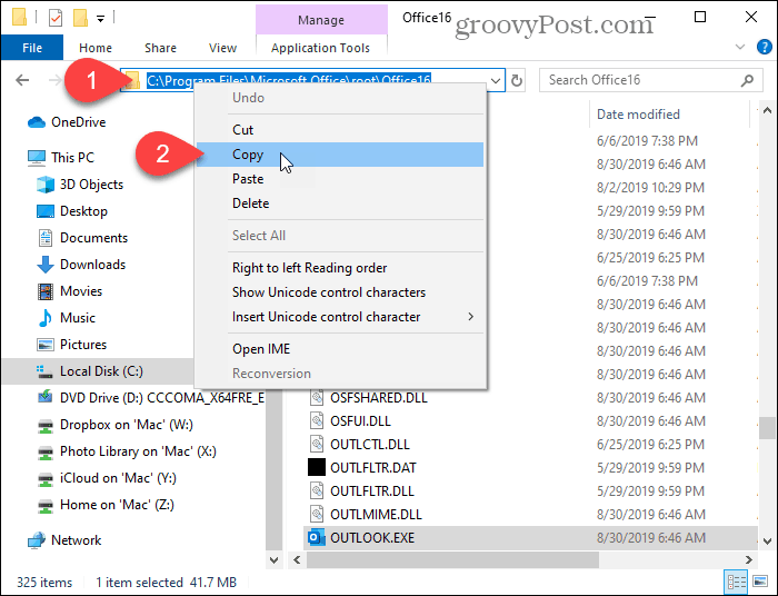 Skopiuj ścieżkę do programu Outlook.exe