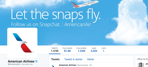 Zdjęcie Twittera American Airlines z Snapchatem