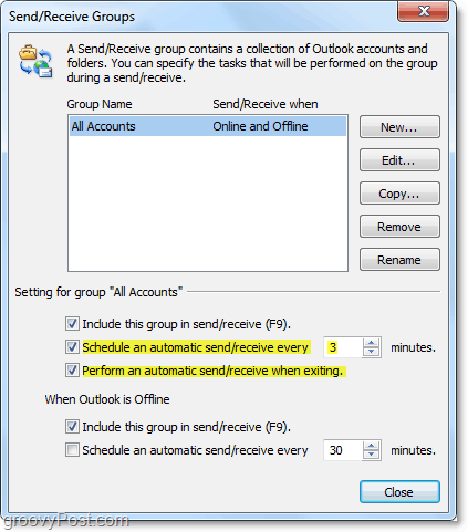 edytuj czas automatycznego wysyłania i odbierania w programie Outlook 2010