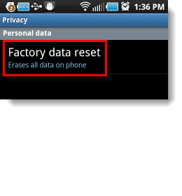 menu resetowania fabrycznych danych Androida