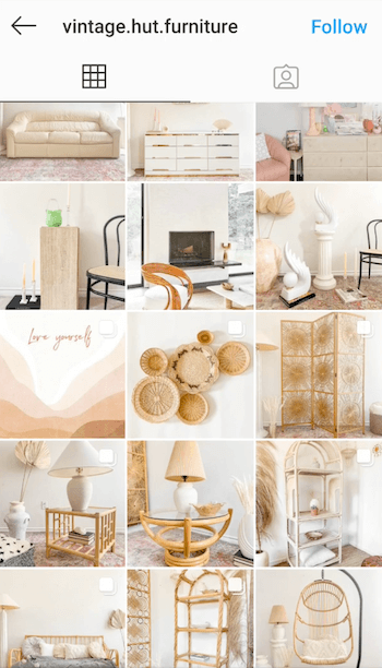 przykładowy zrzut ekranu z kanału instagramowego @ vintage.hut.furniture przedstawiający ich żółty odcień do stylizacji postów z obrazami w kolorze białym, opalonym i neutralnych kolorach