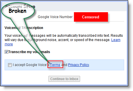 Uszkodzony link do warunków usługi Google Voice