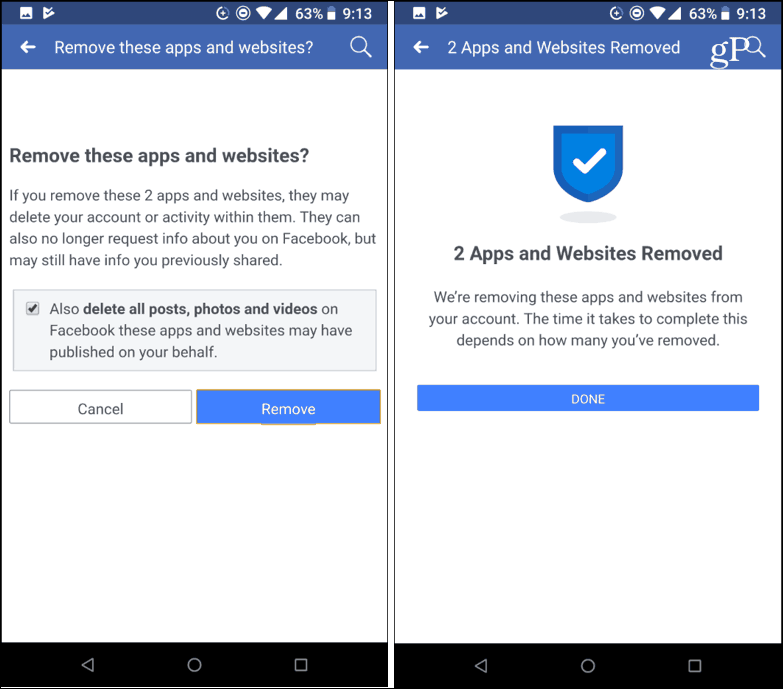 Potwierdź usunięcie aplikacji innych firm Facebook mobile