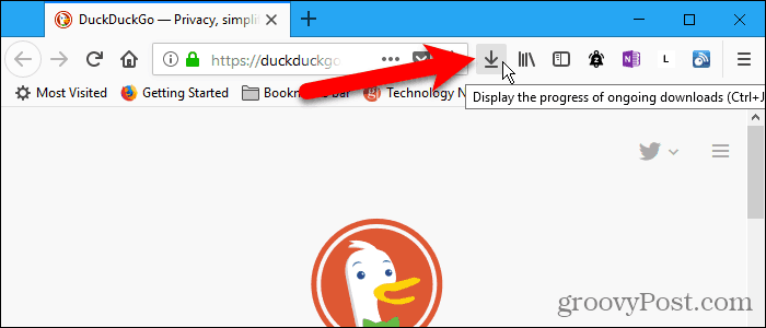 Przycisk pobierania na pasku narzędzi w przeglądarce Firefox
