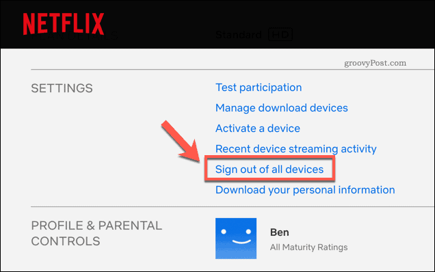 Wyloguj się ze wszystkich urządzeń Netflix na stronie ustawień konta Netflix