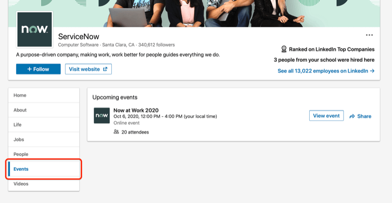 zrzut ekranu strony firmy linkedin podświetlającej zakładkę wydarzenia dla tej firmy