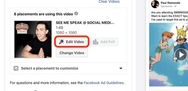 Edytuj opcję wideo dla reklamy wideo na Facebooku