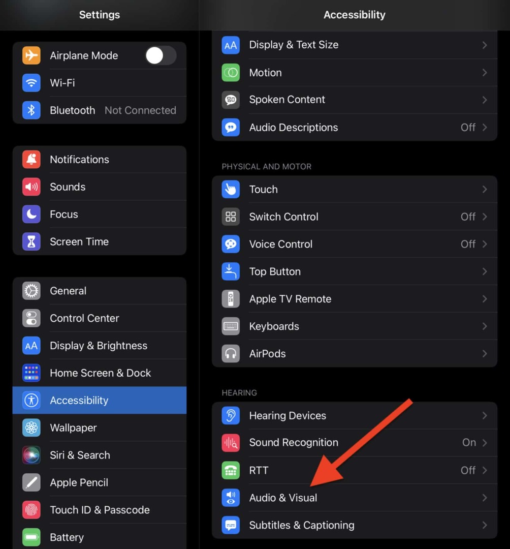 Wybierz opcję Dźwięk i obraz w ustawieniach ułatwień dostępu na iPadzie