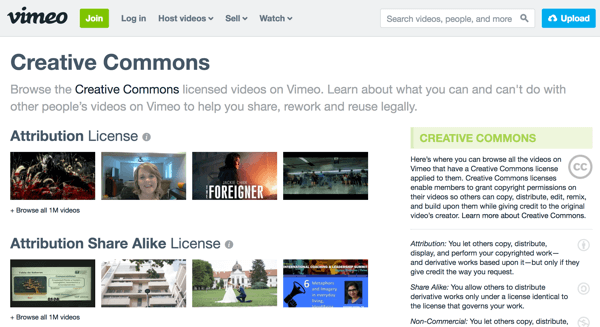 Vimeo grupuje materiał wideo według typu licencji i zawiera objaśnienia każdego typu po prawej stronie.