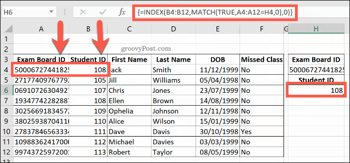 Przykład połączonej formuły INDEKS i PODAJNIK w programie Excel