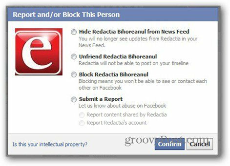 raport na Facebooku - opcje blokowania