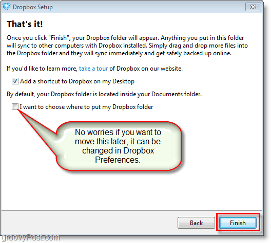 Zrzut ekranu Dropbox - dostosuj ostateczne preferencje i zmień lokalizację Dropbox