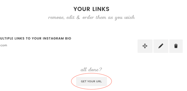 Kiedy skończysz dodawać linki do Lnk. Bio, kliknij Uzyskaj swój adres URL.