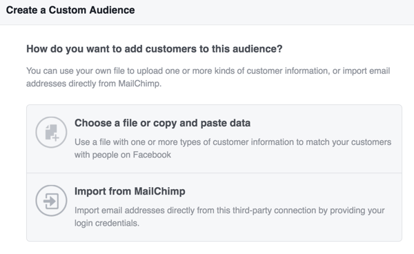 Wybierz, w jaki sposób chcesz przesyłać informacje o klientach, aby utworzyć niestandardowych odbiorców na Facebooku.
