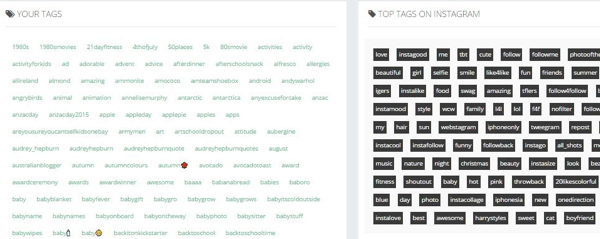 Zobacz listę używanych tagów w porównaniu z najlepszymi tagami na Instagramie.