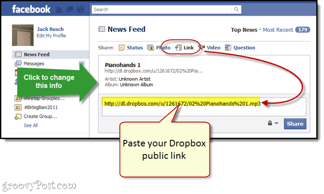 Facebook + Dropbox: Bezpłatne przesyłanie strumieniowe plików MP3 na ścianie na Facebooku