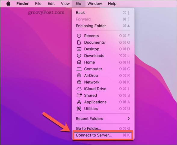 Otwieranie opcji Mac Finder Połącz z serwerem