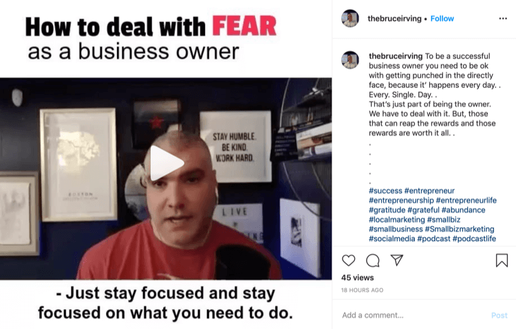 Bruce Irving post na Instagramie o tym, jak radzić sobie ze strachem jako właściciel firmy