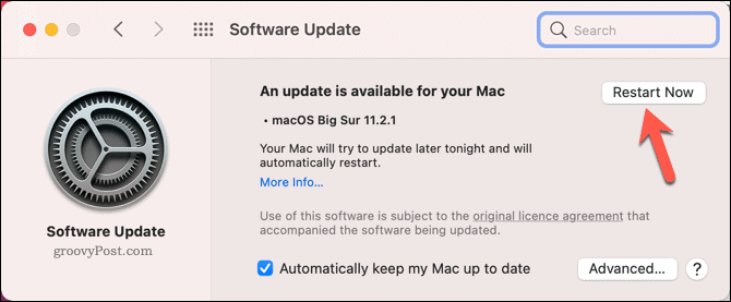 Ponowne uruchomienie komputera Mac, aby rozpocząć aktualizację systemu
