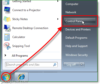 Kliknij menu Start Kula, a następnie panel sterowania W systemie Windows 7