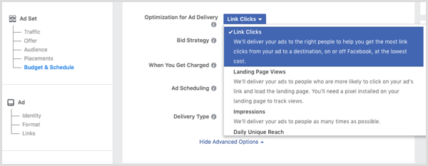 Podczas konfigurowania reklamy na Facebooku wybierz opcję Kliknięcia linku z listy rozwijanej Optymalizacja dostarczania reklam.