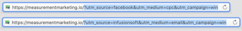przykład adresów URL z tagami utm zakodowanymi z podświetloną częścią utm adresów URL, pokazujących facebook / cpc i infusionsoft / email jako parametry kampanii wygranej
