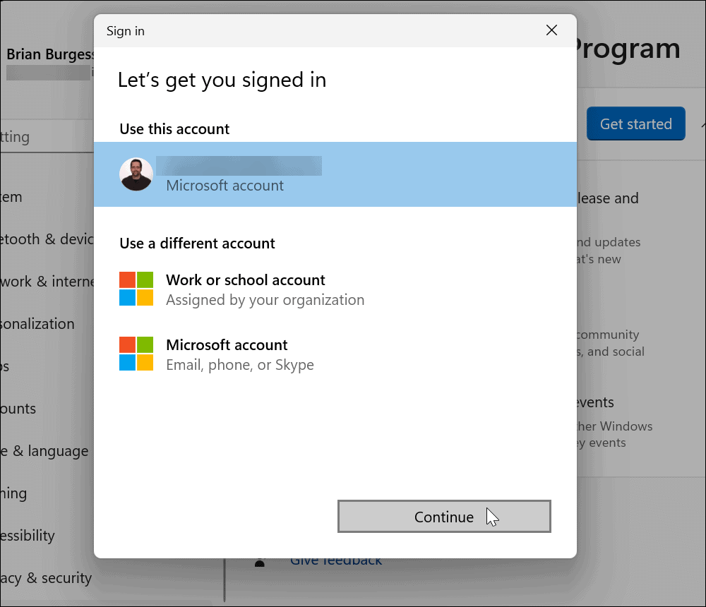 wybierz konto Microsoft