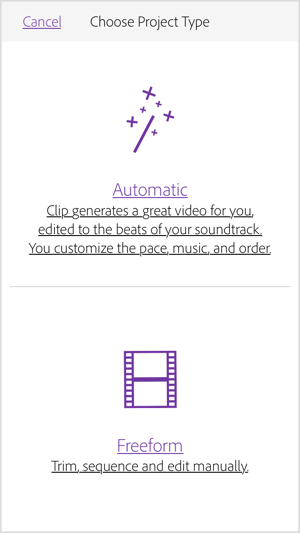 Wybierz opcję Automatycznie, aby program Adobe Premiere Clip utworzył wideo dla Ciebie.