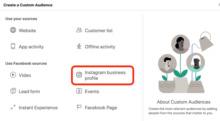 Opcja profilu biznesowego na Instagramie wybrana w oknie dialogowym Utwórz niestandardową grupę odbiorców