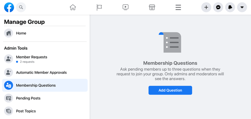 opcja zarządzania grupą na Facebooku, podkreślająca opcję pytań o członkostwo