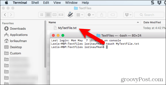 Plik tekstowy utworzony za pomocą polecenia dotykowego w Terminalu na Macu