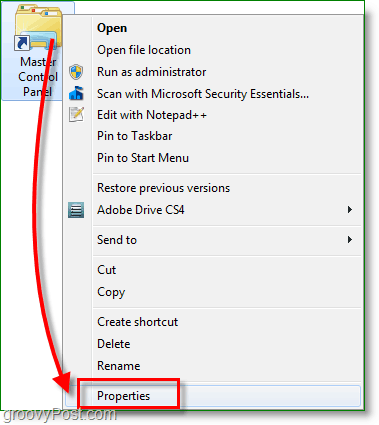 Zrzut ekranu systemu Windows 7 - kliknij skrót prawym przyciskiem myszy i przejdź do właściwości