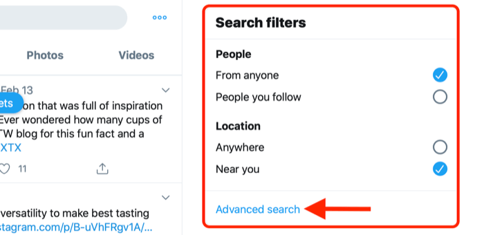 zrzut ekranu przedstawiający łącze wyszukiwania zaawansowanego w polu filtrów wyszukiwania na Twitterze