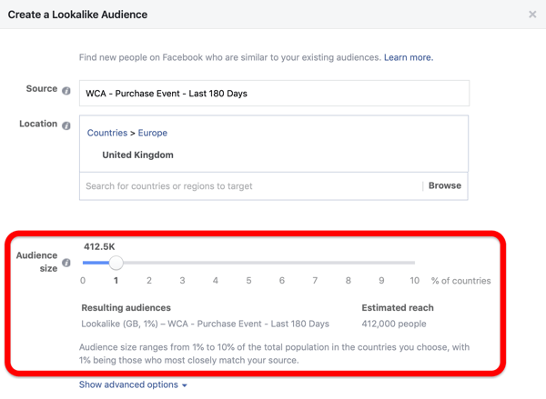 Opcja rozmiaru odbiorców podczas tworzenia listy odbiorców Facebook Lookalike na podstawie niestandardowych odbiorców.