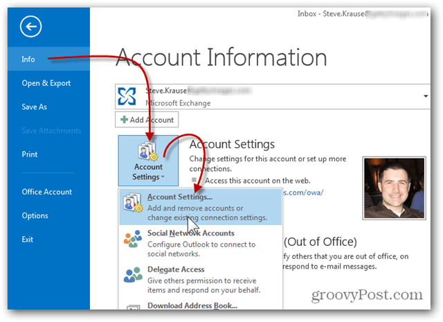 Dodaj skrzynkę pocztową Outlook 2013 - kliknij Informacje Ustawienia konta