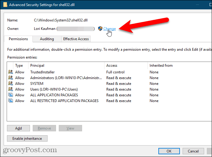 Kliknij Zmień dla właściciela w oknie dialogowym Zaawansowane ustawienia zabezpieczeń w Edytorze rejestru systemu Windows