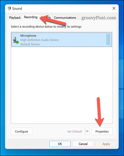 Otwieranie menu właściwości mikrofonu w systemie Windows 11