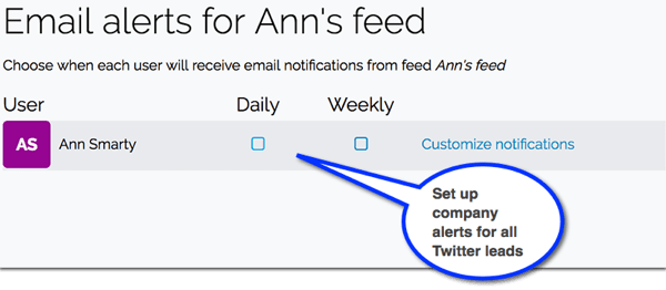 W Leadfeeder skonfiguruj powiadomienia e-mail o nowych potencjalnych klientach pochodzących z Twittera.