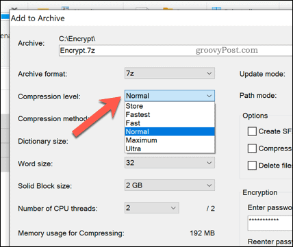 Opcje kompresji plików dla pliku archiwum 7zip w systemie Windows 10